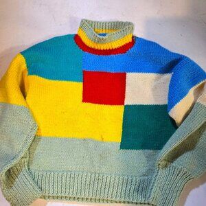 VNTG Retro Hand-Made Crochet Knitted Color Block High Neck Unisex Heavy Sweater